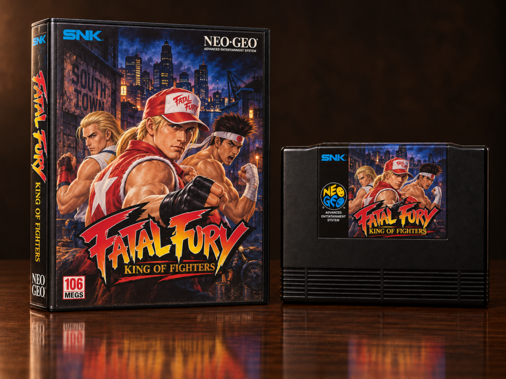 KI-gestützter Packshot von Fatal Fury: King of Fighters mit Neo-Geo-AES-Verpackung und Modul auf dunkler spiegelnder Oberfläche
