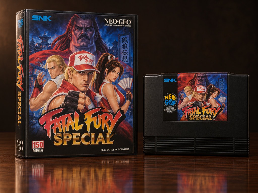 KI-gestützter Packshot von Fatal Fury Special mit Neo-Geo-AES-Verpackung und Modul auf dunkler spiegelnder Oberfläche