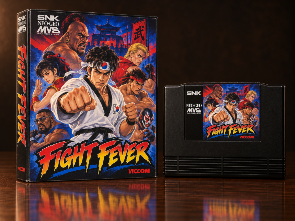 KI-gestützter Packshot von Fight Fever mit Neo-Geo-MVS-Verpackung und Modul auf dunkler spiegelnder Oberfläche
