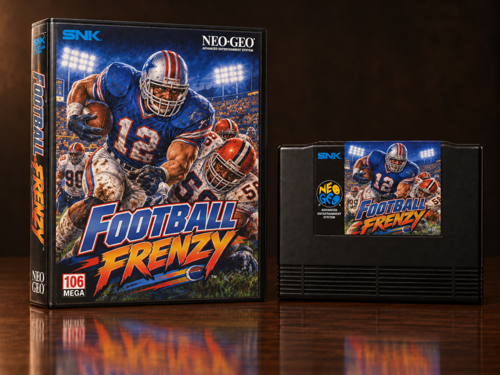 KI-gestützter Packshot von Football Frenzy mit Neo-Geo-AES-Verpackung und Modul auf dunkler spiegelnder Oberfläche
