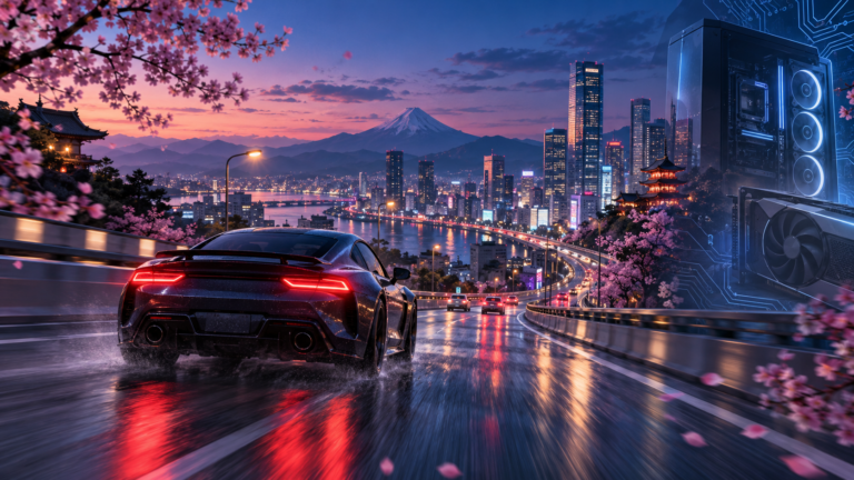 Illustration eines Sportwagens auf japanischer Stadtautobahn mit Gaming-PC als Motiv für Forza Horizon 6 PC-Systemanforderungen