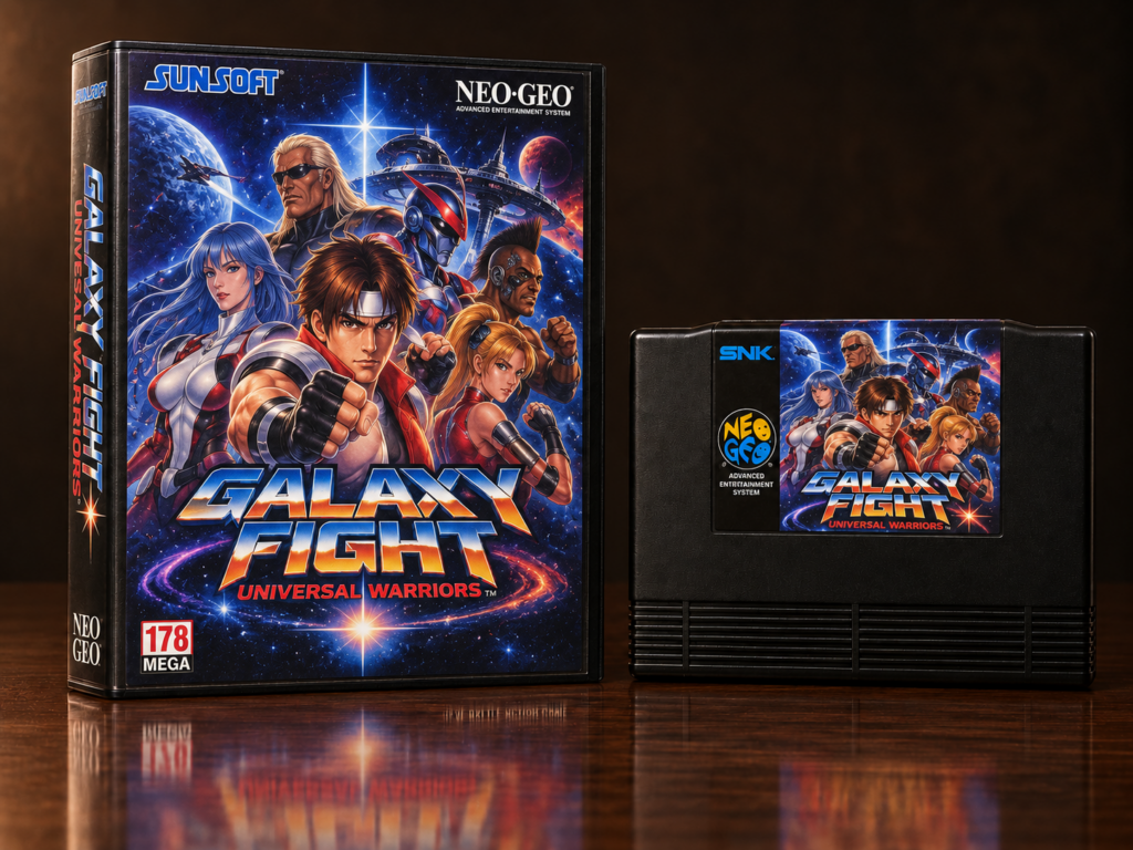 KI-gestützter Packshot von Galaxy Fight: Universal Warriors mit Neo-Geo-AES-Verpackung und Modul auf dunkler spiegelnder Oberfläche