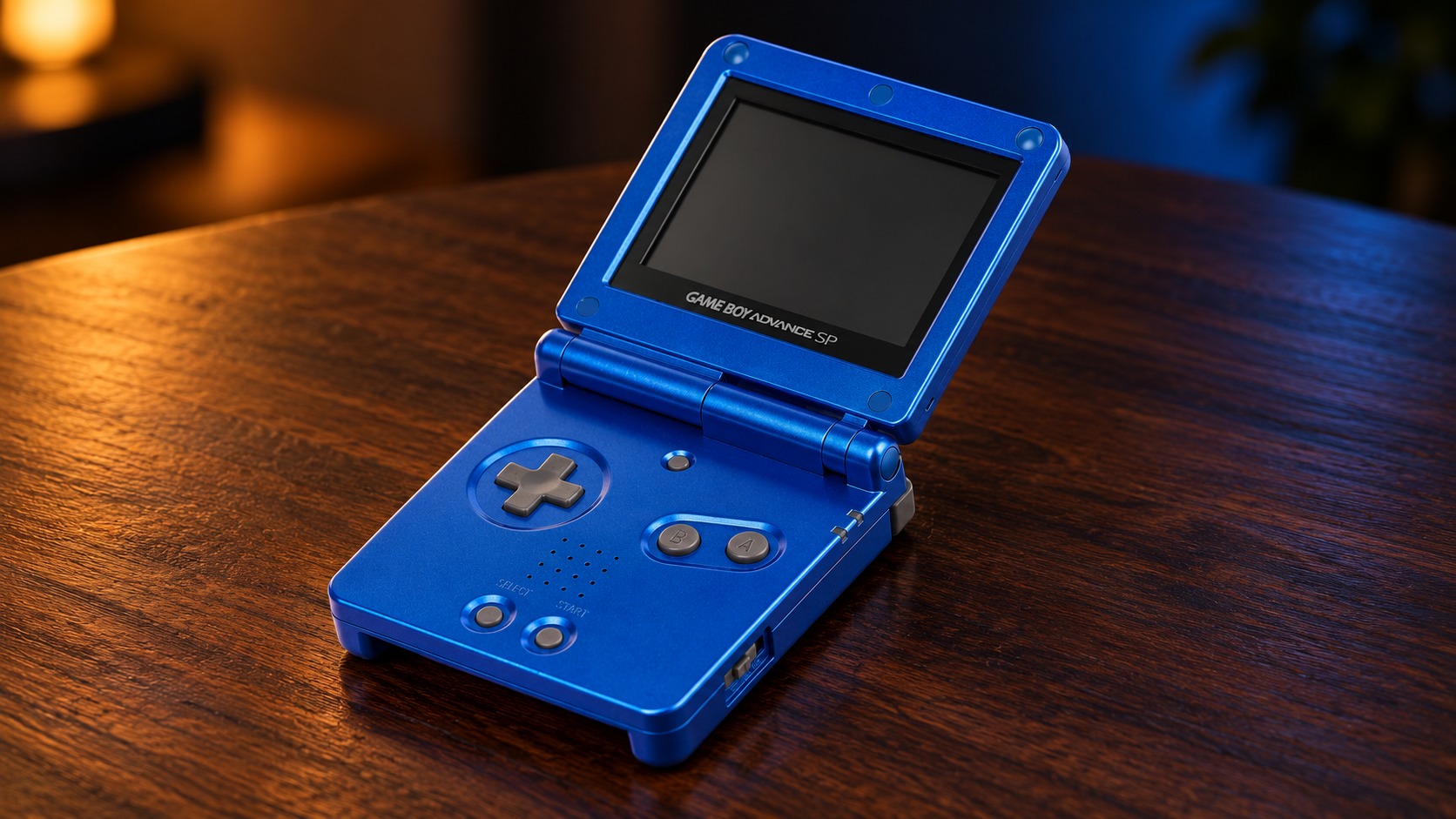 Nintendo Game Boy Advance SP mit integrierter Steuerung auf einem dunklen Holztisch vor dezent beleuchtetem Hintergrund
