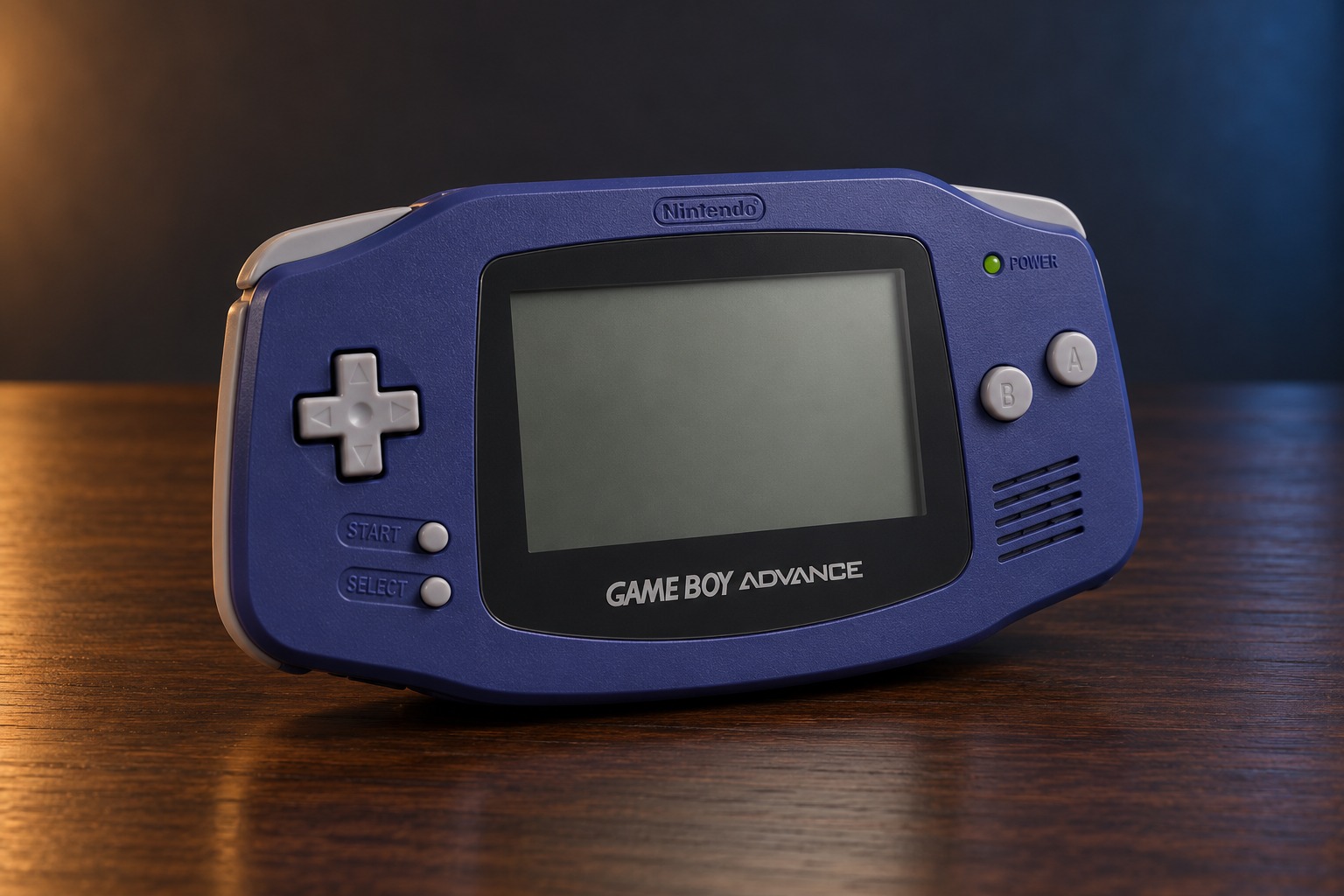 Nintendo Game Boy Advance mit integrierter Steuerung auf einem dunklen Holztisch vor dezent beleuchtetem Hintergrund
