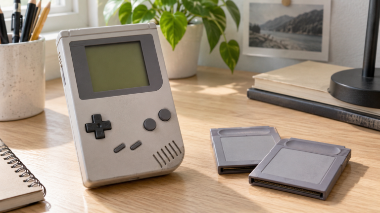 Heller Schreibtisch mit einem neutralen grauen Retro-Handheld und zwei unbeschrifteten Spielmodulen