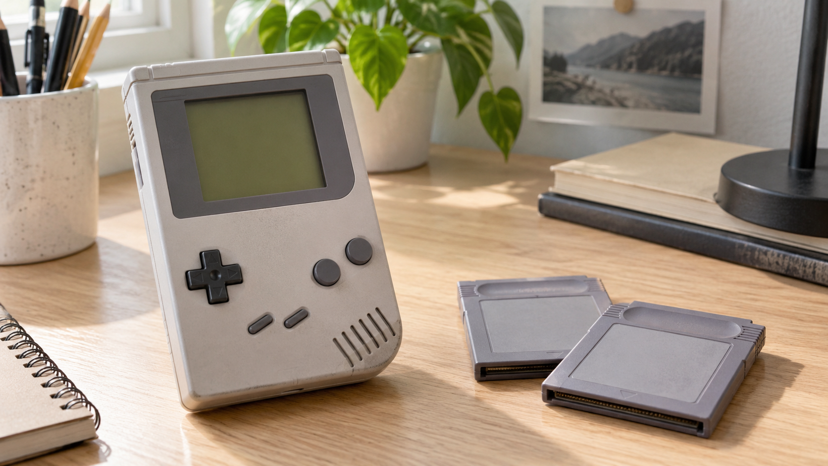 Heller Schreibtisch mit einem neutralen grauen Retro-Handheld und zwei unbeschrifteten Spielmodulen