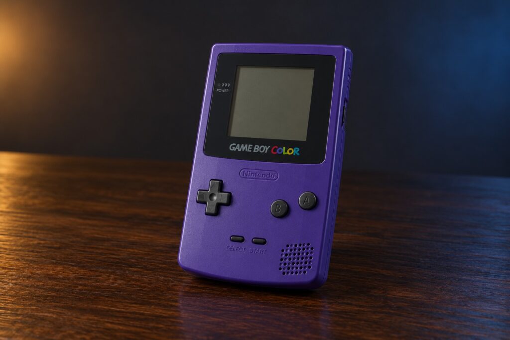 Nintendo Game Boy Color mit integrierter Steuerung auf einem dunklen Holztisch vor dezent beleuchtetem Hintergrund
