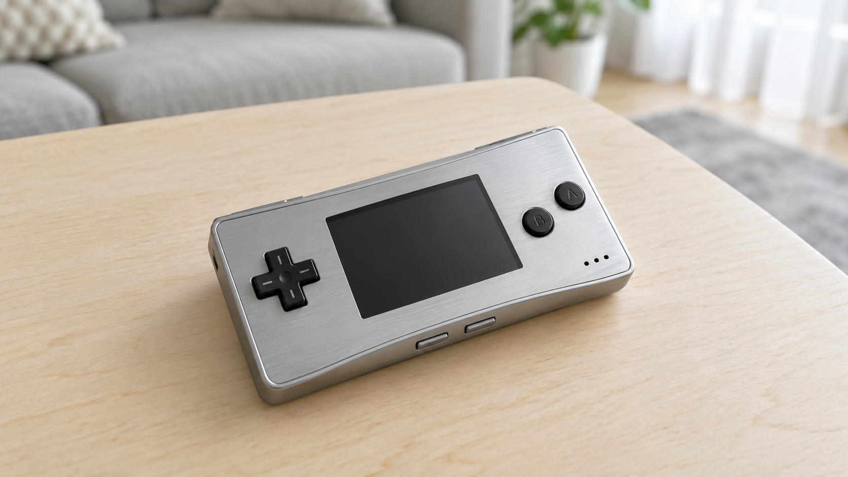 KI-Illustration eines silbernen Game Boy Micro auf einem hellen Wohnzimmertisch