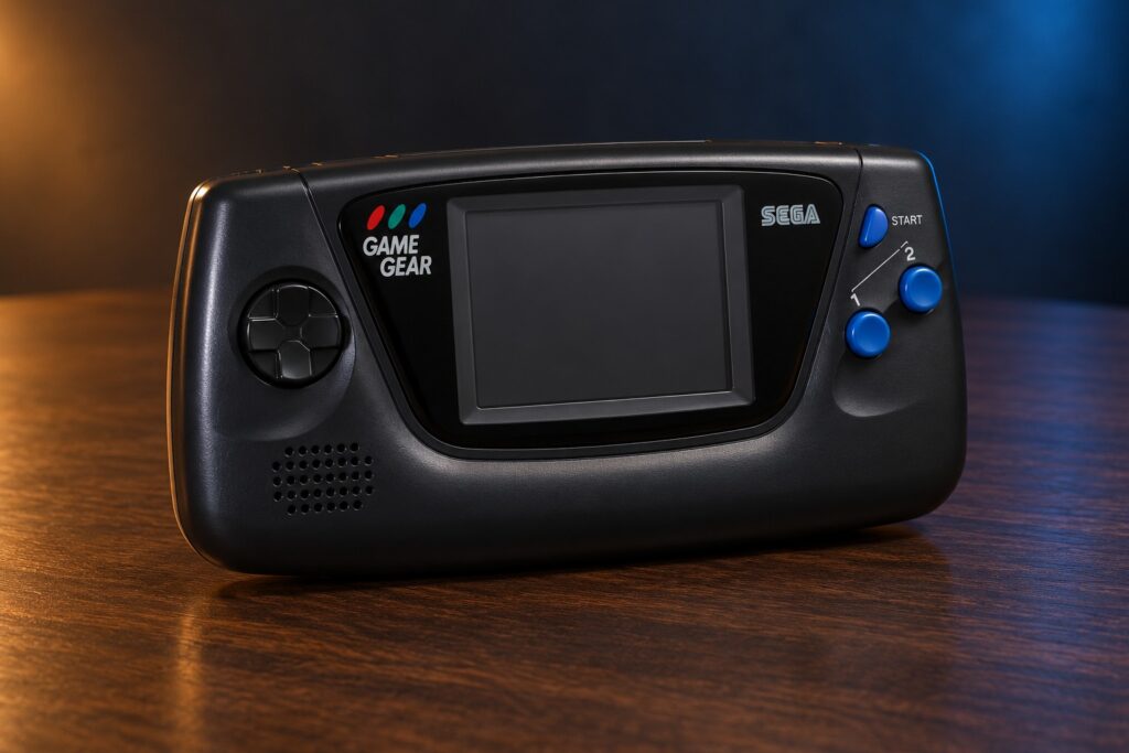 Sega Game Gear mit integrierter Steuerung auf einem dunklen Holztisch vor dezent beleuchtetem Hintergrund