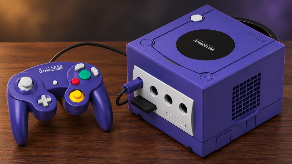 Nintendo GameCube mit passendem Controller auf einem dunklen Holztisch vor dezent beleuchtetem Hintergrund