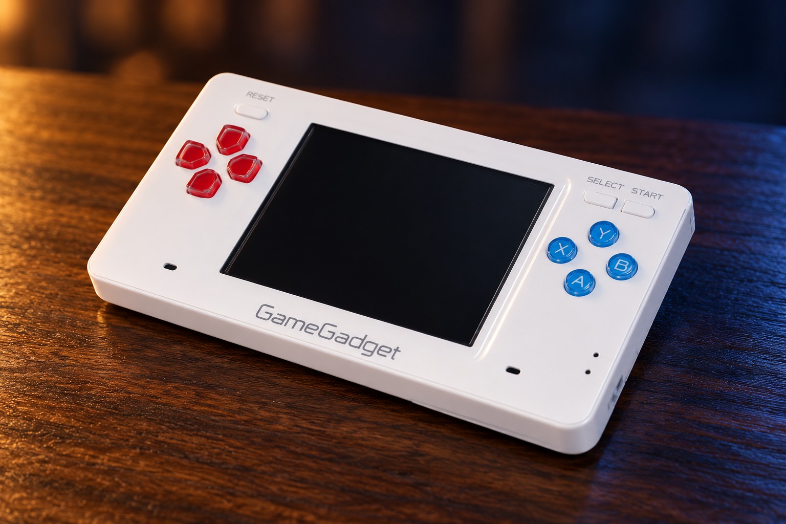 Blaze GameGadget mit integrierter Steuerung auf einem dunklen Holztisch vor dezent beleuchtetem Hintergrund