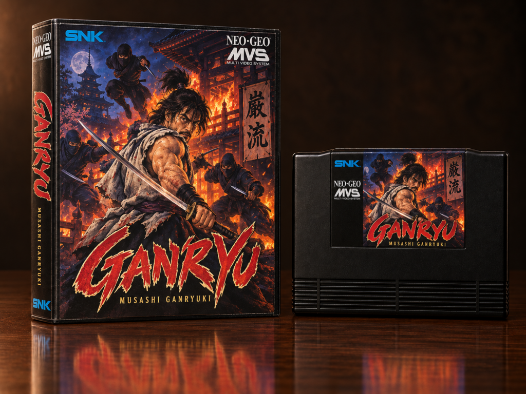 KI-gestützter Packshot von Ganryu / Musashi Ganryuki mit Neo-Geo-MVS-Verpackung und Modul auf dunkler spiegelnder Oberfläche