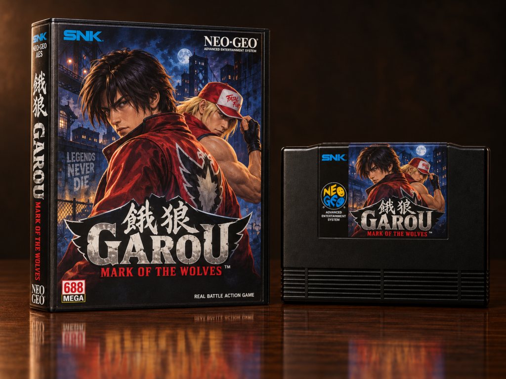 KI-gestützter Packshot von Garou: Mark of the Wolves mit Neo-Geo-AES-Verpackung und Modul auf dunkler spiegelnder Oberfläche
