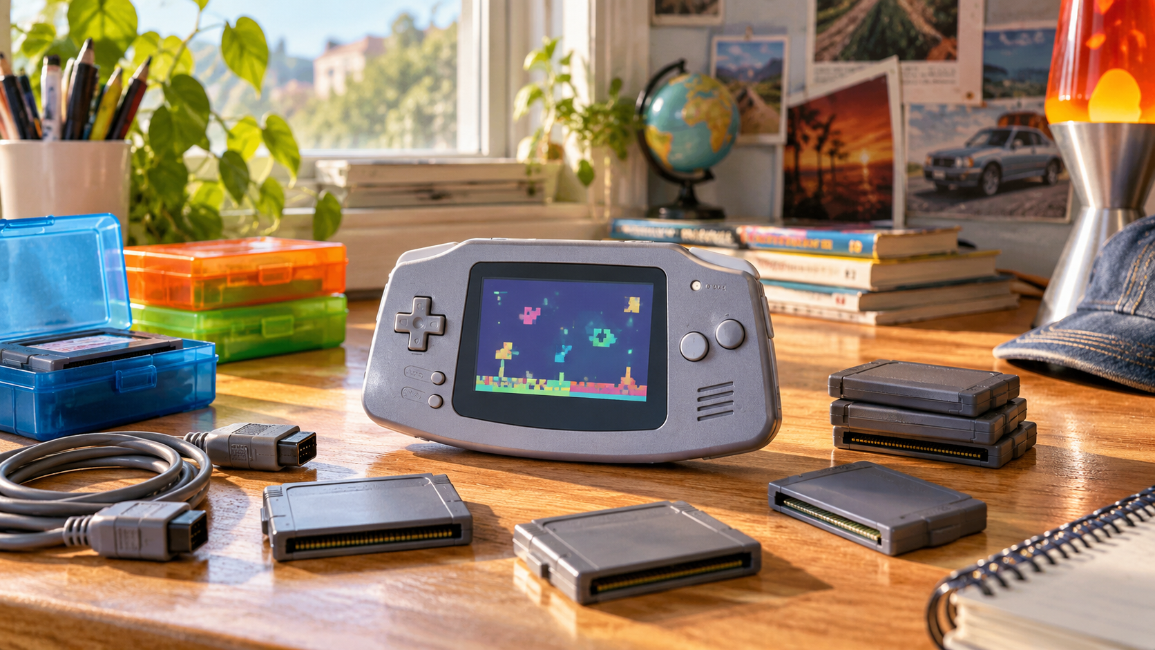 Heller Retro-Schreibtisch mit neutralem Handheld, unbeschrifteten Spielmodulen und Verbindungskabel