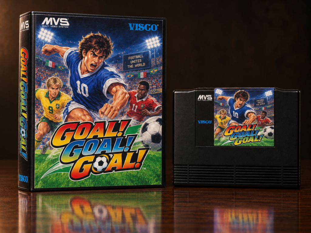 KI-gestützter Packshot von Goal! Goal! Goal! mit Neo-Geo-MVS-Verpackung und Modul auf dunkler spiegelnder Oberfläche