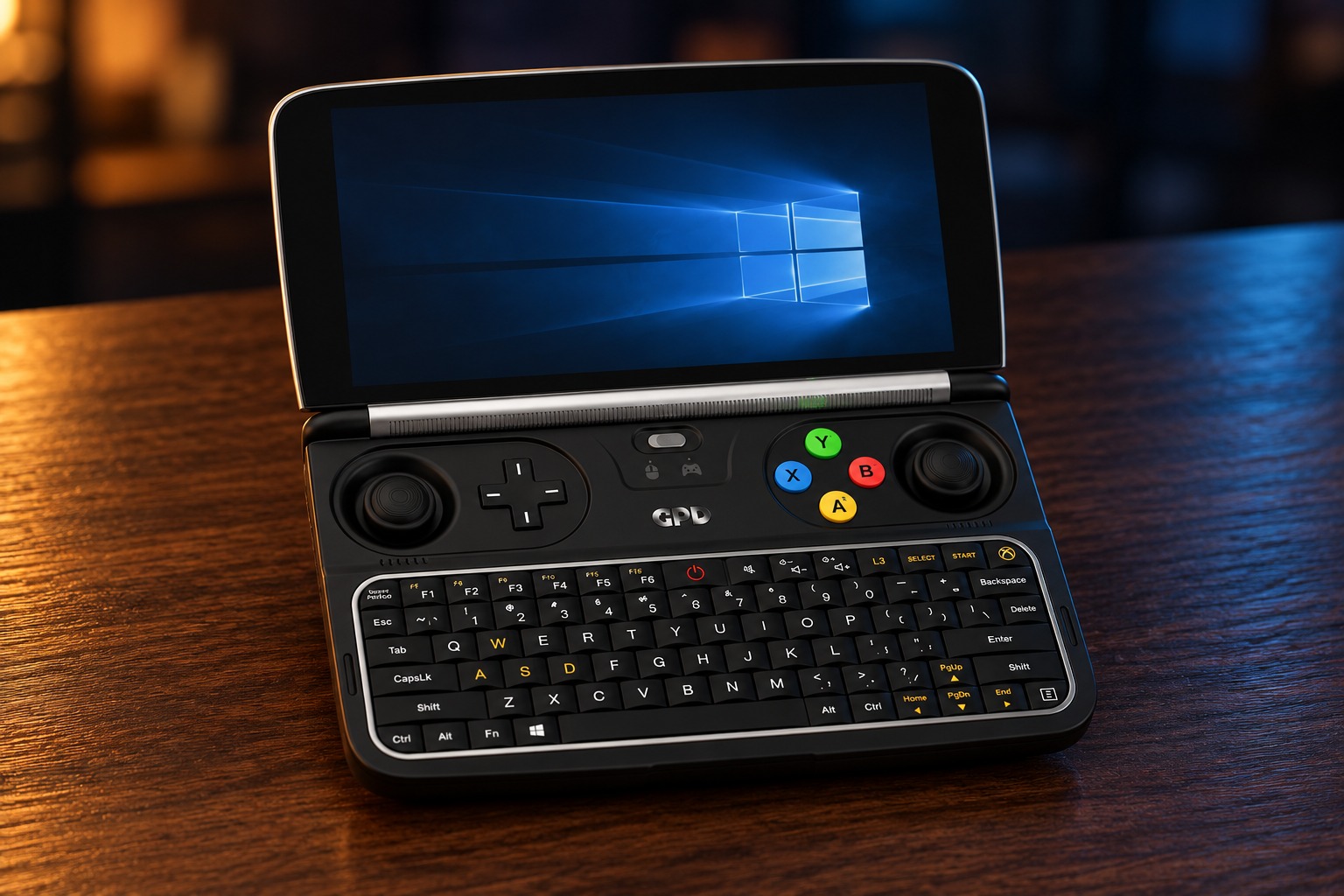 GPD WIN 2 mit integrierter Steuerung auf einem dunklen Holztisch vor dezent beleuchtetem Hintergrund