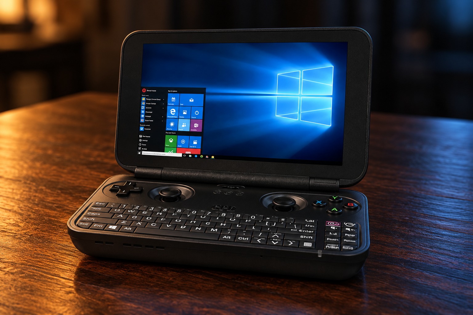 GPD WIN mit integrierter Steuerung auf einem dunklen Holztisch vor dezent beleuchtetem Hintergrund