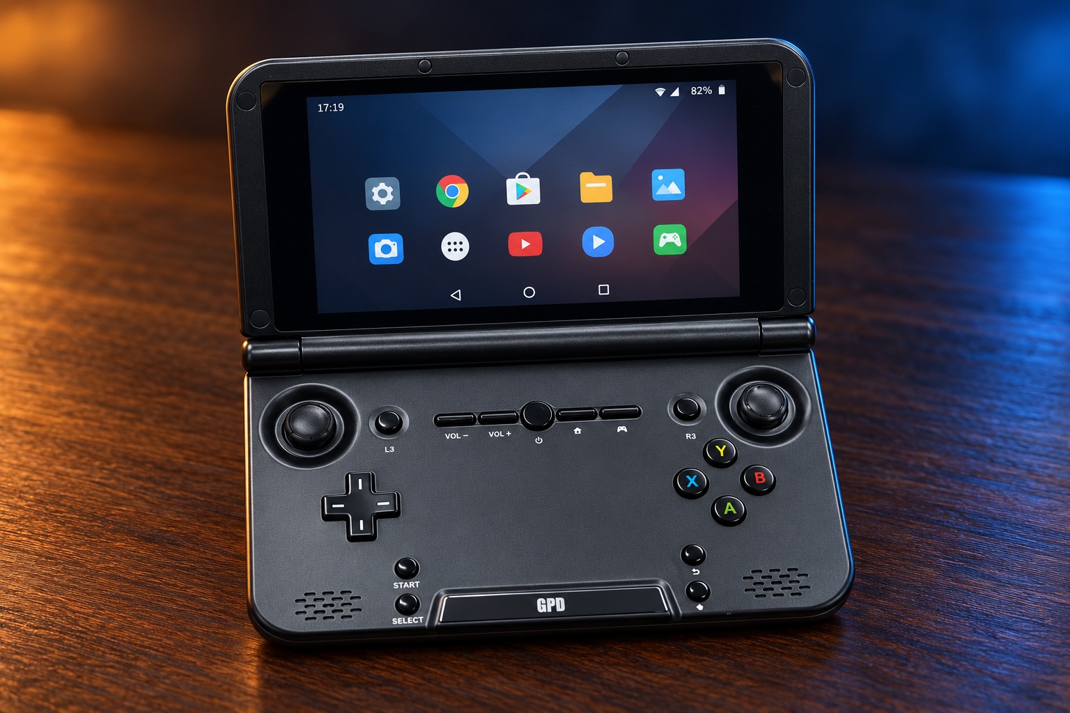 GPD XD mit integrierter Steuerung auf einem dunklen Holztisch vor dezent beleuchtetem Hintergrund