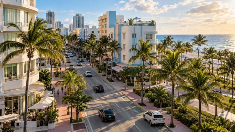 Helle, Miami-inspirierte Küstenstraße mit Palmen, pastellfarbenen Gebäuden und alltäglichem Straßenverkehr
