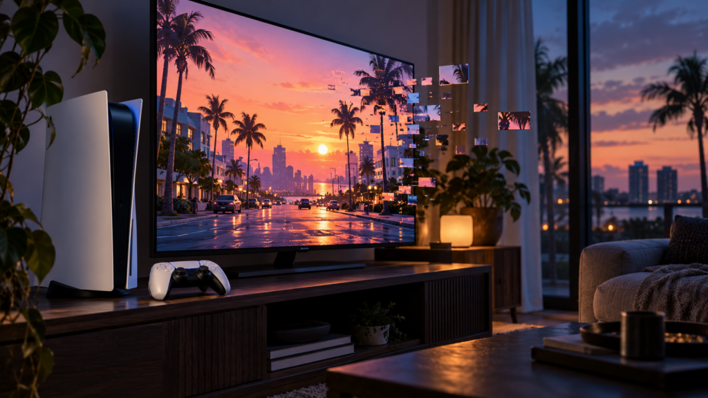 KI-Symbolbild: PS5-artige Konsole und Controller vor einer Miami-Kulisse mit schwebenden digitalen Bildfragmenten.