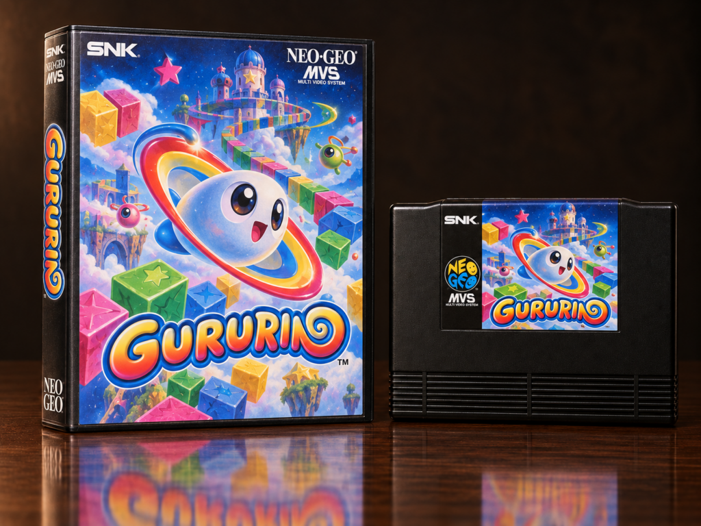 KI-gestützter Packshot von Gururin mit Neo-Geo-MVS-Verpackung und Modul auf dunkler spiegelnder Oberfläche