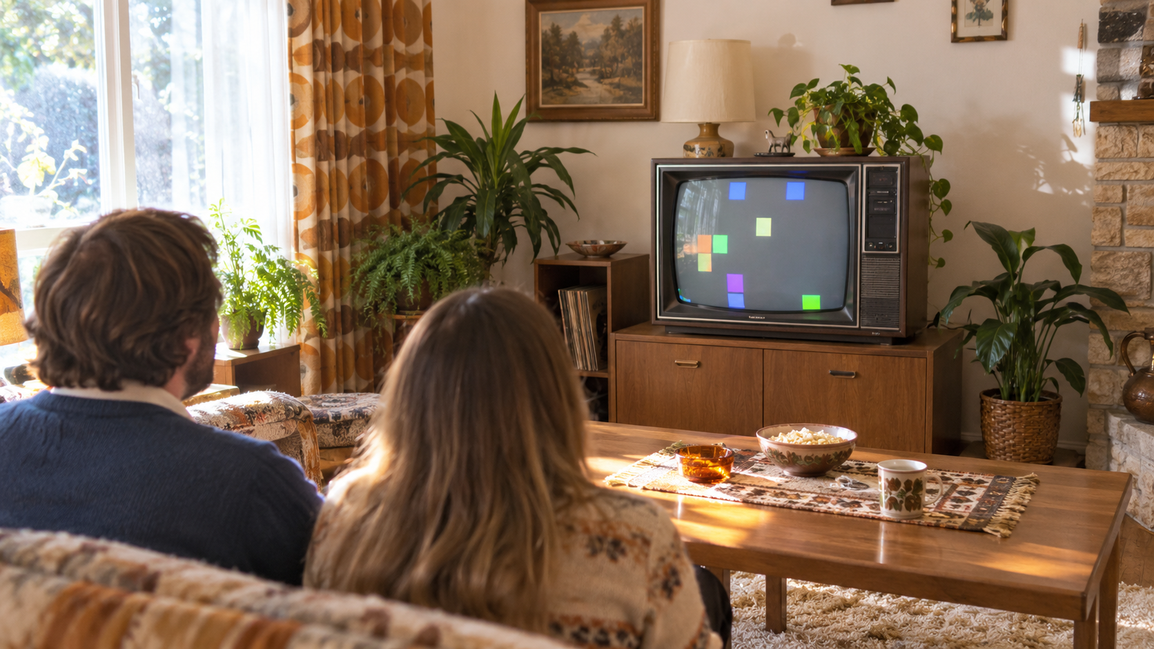 Helles Wohnzimmer im Stil der frühen achtziger Jahre mit Röhrenfernseher und zwei Personen von hinten