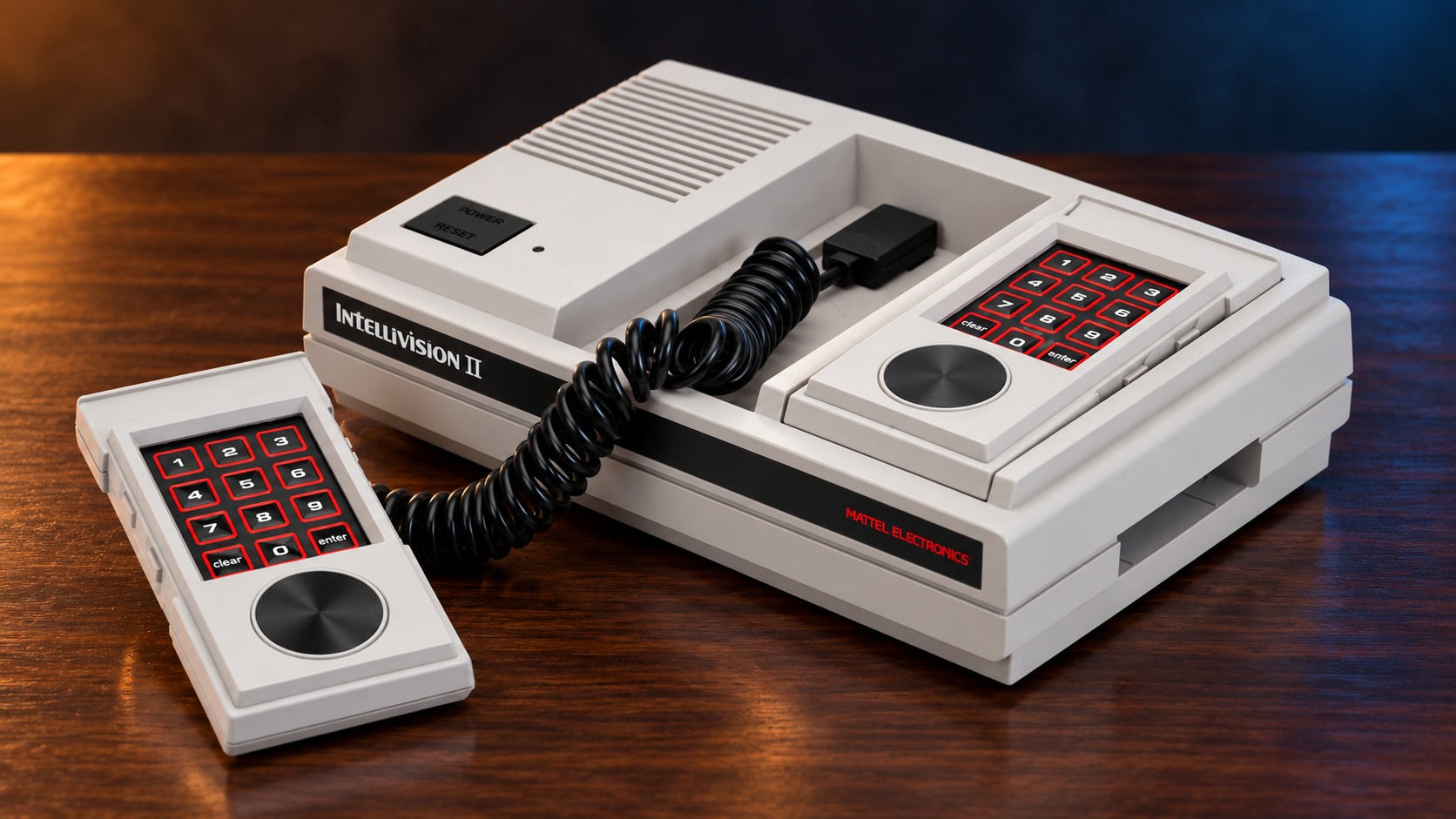 Mattel Intellivision II mit passendem Controller auf einem dunklen Holztisch vor dezent beleuchtetem Hintergrund