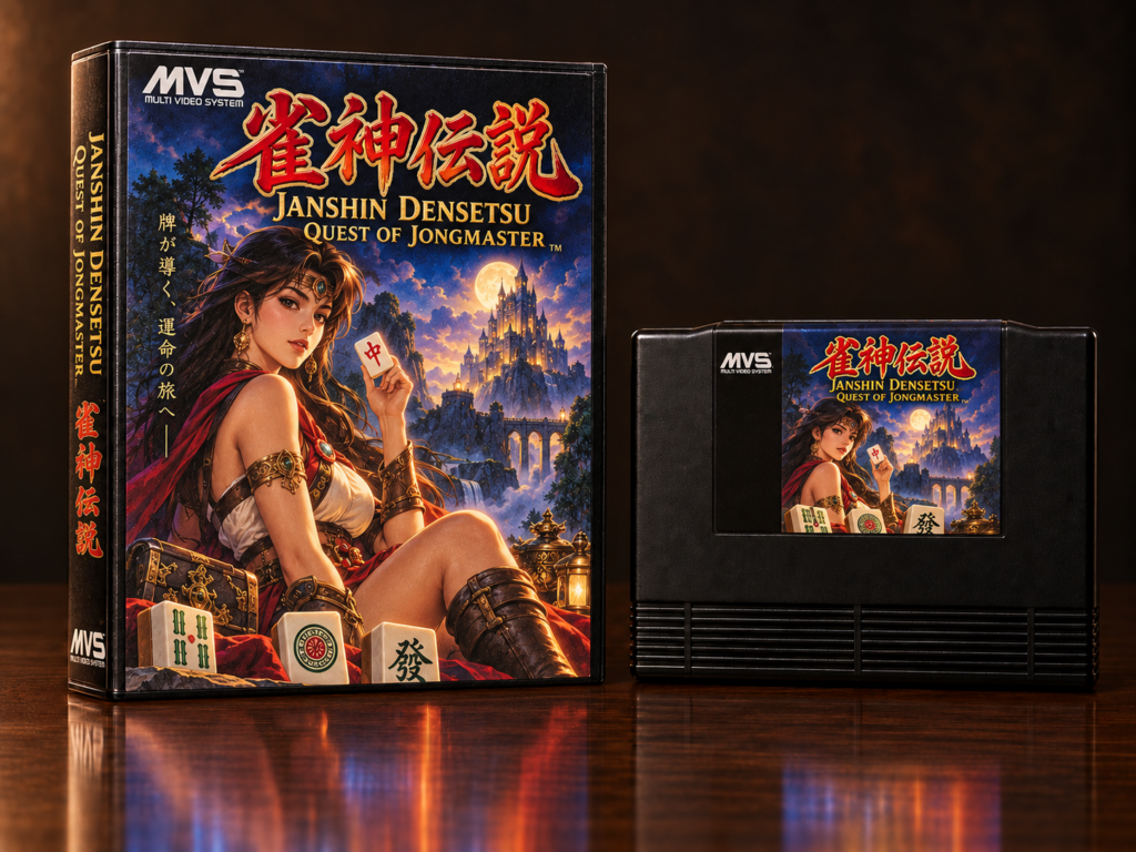 KI-gestützter Packshot von Janshin Densetsu: Quest of Jongmaster mit Neo-Geo-MVS-Verpackung und Modul auf dunkler spiegelnder Oberfläche