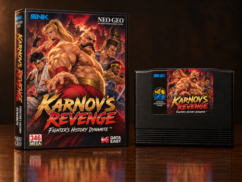 KI-gestützter Packshot von Karnov’s Revenge / Fighter’s History Dynamite mit Neo-Geo-AES-Verpackung und Modul auf dunkler spiegelnder Oberfläche