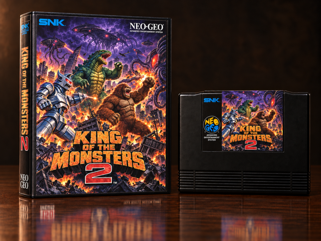 KI-gestützter Packshot von King of the Monsters 2 mit Neo-Geo-AES-Verpackung und Modul auf dunkler spiegelnder Oberfläche