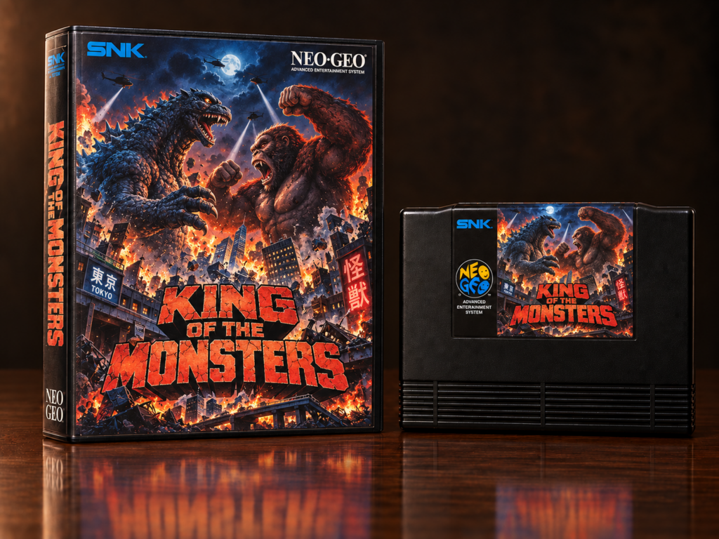 KI-gestützter Packshot von King of the Monsters mit Neo-Geo-AES-Verpackung und Modul auf dunkler spiegelnder Oberfläche