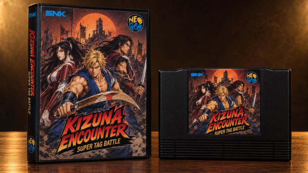 Kizuna Encounter: Neo-Geo-AES-Verpackung und Modul als KI-gestützte Produktaufnahme