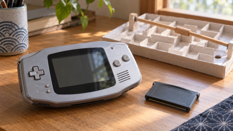 Redaktionelle Szene mit Game Boy Advance und physischem Labyrinth