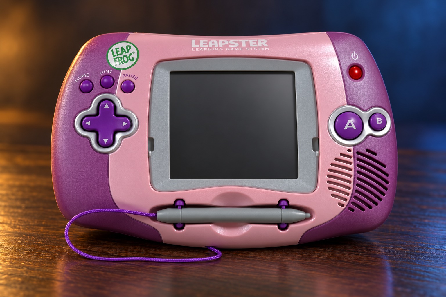 LeapFrog Leapster mit integrierter Steuerung auf einem dunklen Holztisch vor dezent beleuchtetem Hintergrund
