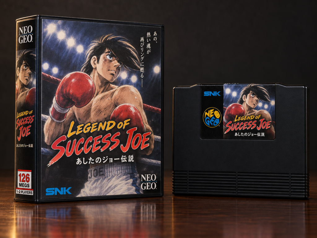Legend of Success Joe: KI-erstellter Neo-Geo-AES-Packshot mit Verpackung und Modul auf dunkler spiegelnder Fläche