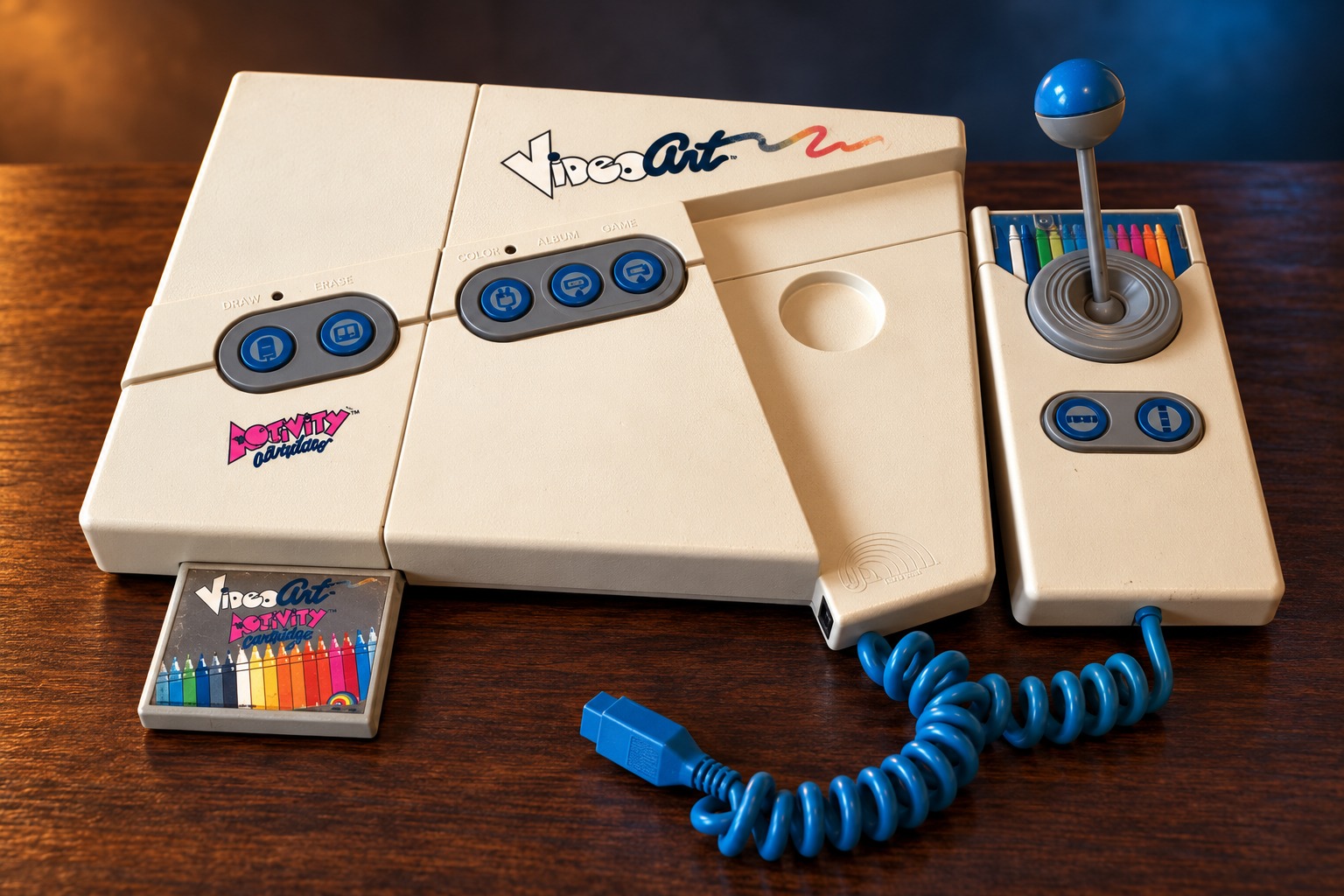 LJN Video Art mit passendem Controller auf einem dunklen Holztisch vor dezent beleuchtetem Hintergrund