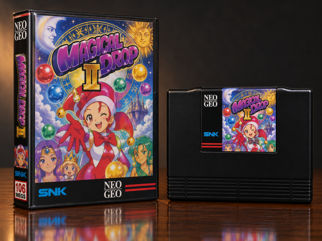 Magical Drop II: KI-erstellter Neo-Geo-AES-Packshot mit Verpackung und Modul auf dunkler spiegelnder Fläche