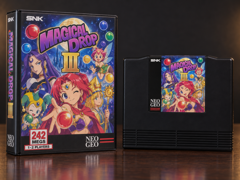 Magical Drop III: KI-erstellter Neo-Geo-AES-Packshot mit Verpackung und Modul auf dunkler spiegelnder Fläche