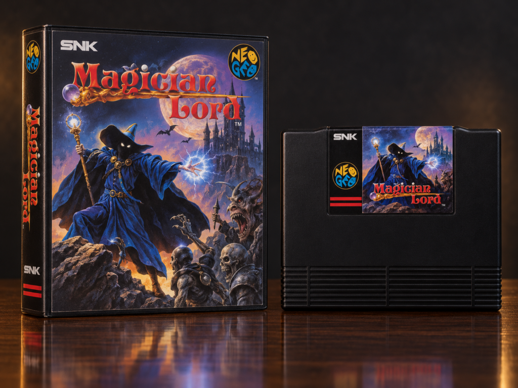 Magician Lord: KI-erstellter Neo-Geo-AES-Packshot mit Verpackung und Modul auf dunkler spiegelnder Fläche