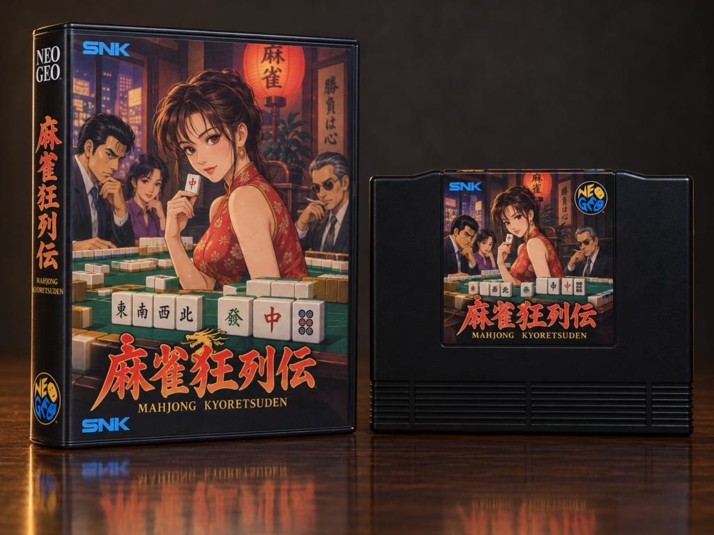 Mahjong Kyoretsuden: KI-erstellter Neo-Geo-AES-Packshot mit Verpackung und Modul auf dunkler spiegelnder Fläche