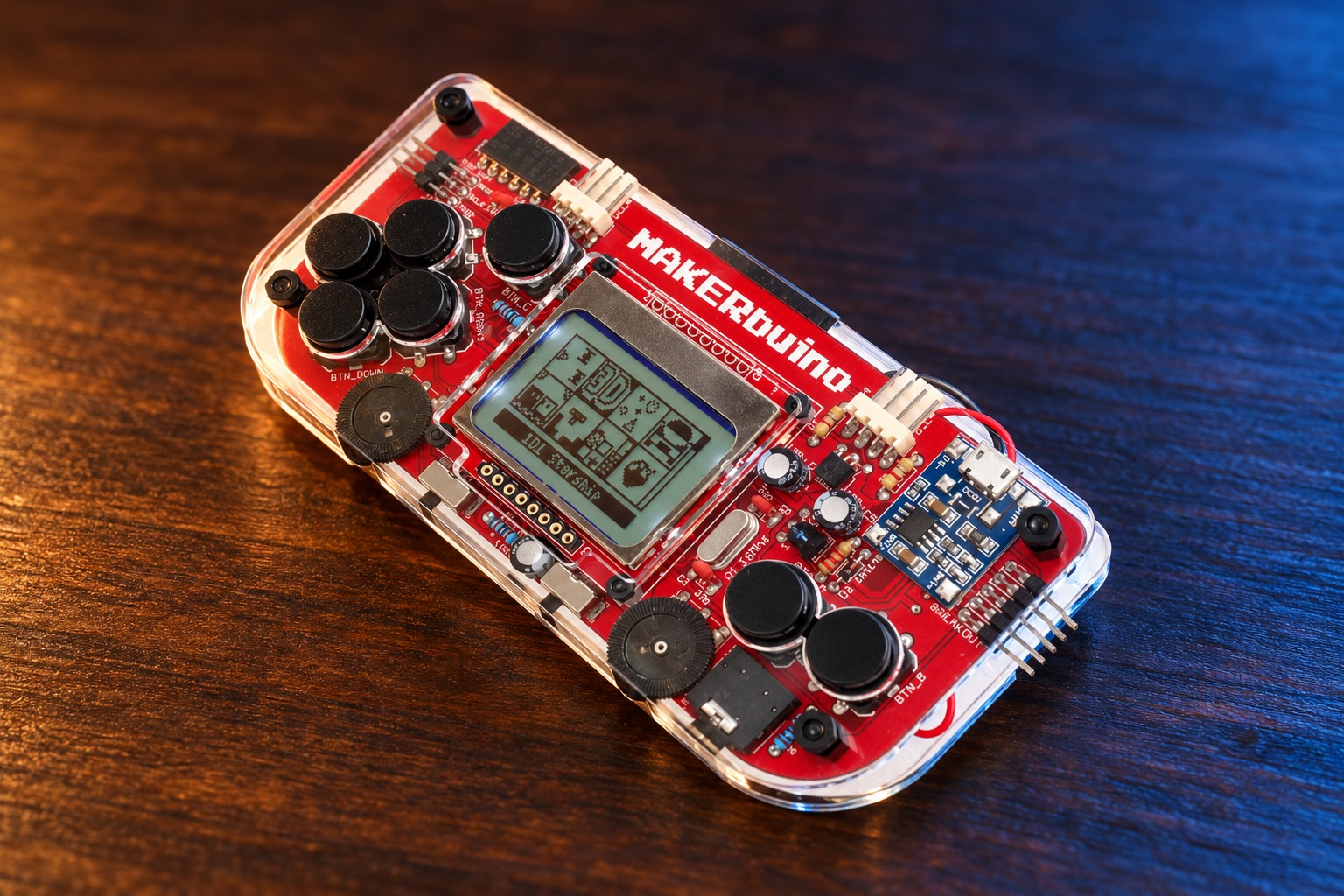 CircuitMess MAKERbuino mit integrierter Steuerung auf einem dunklen Holztisch vor dezent beleuchtetem Hintergrund