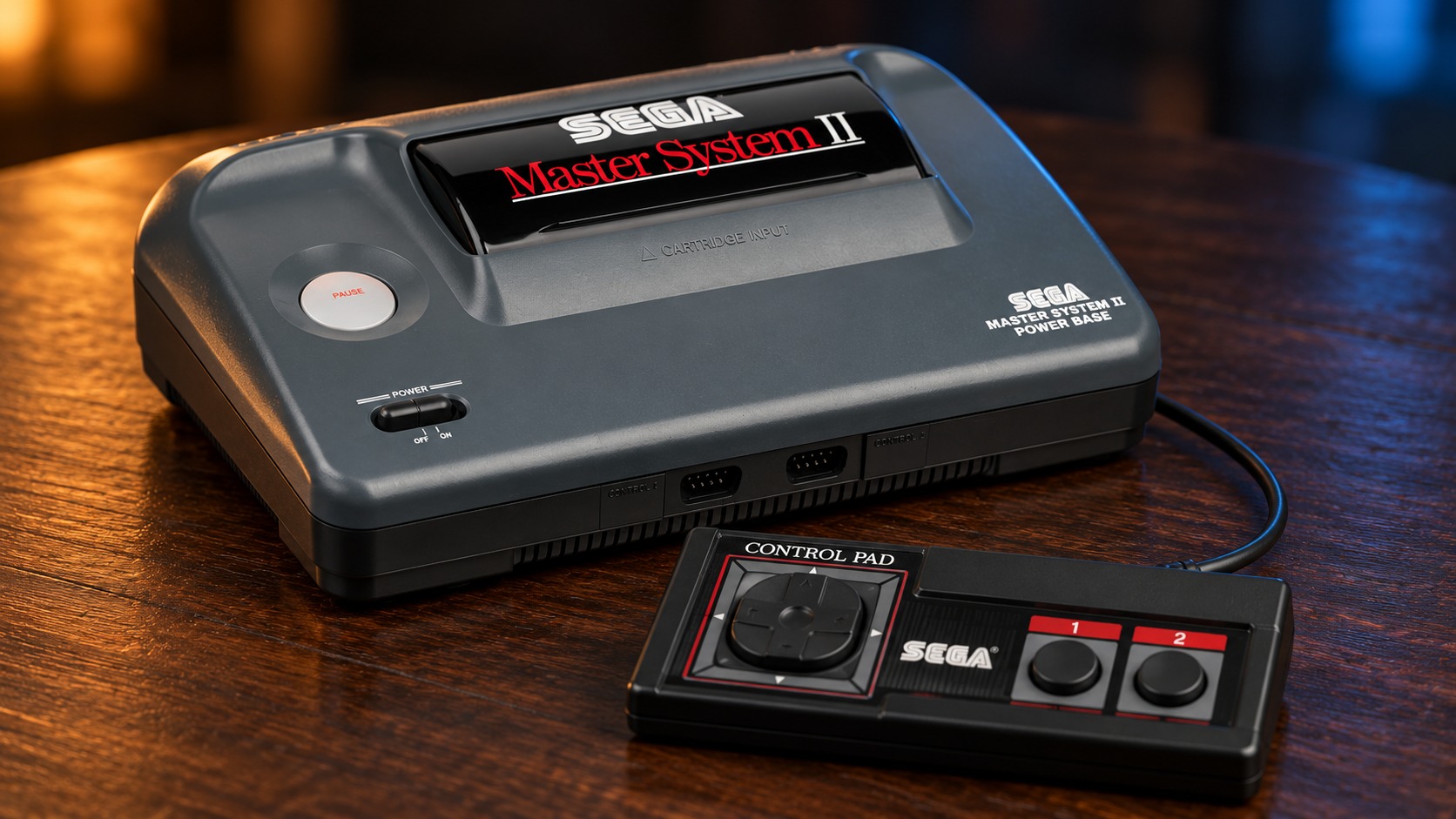 Sega Master System II mit passendem Controller auf einem dunklen Holztisch vor dezent beleuchtetem Hintergrund