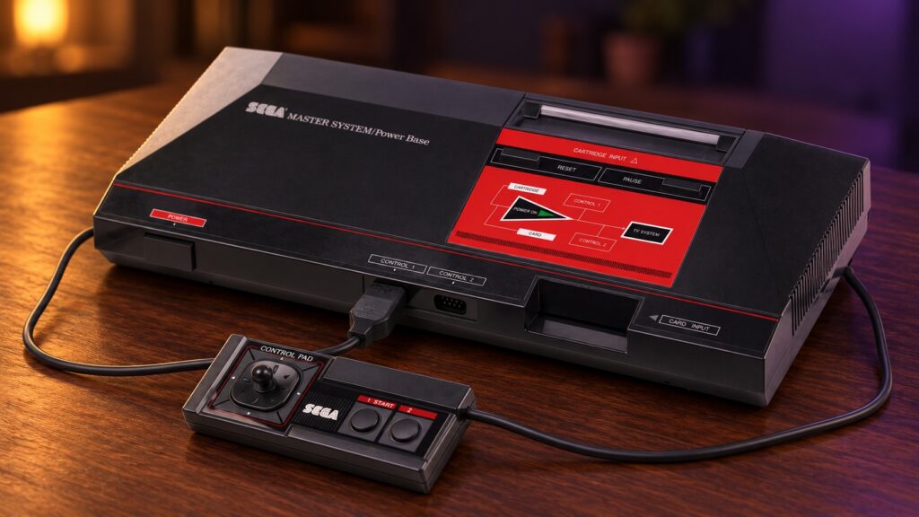 Sega Master System mit passendem Controller auf einem dunklen Holztisch vor dezent beleuchtetem Hintergrund