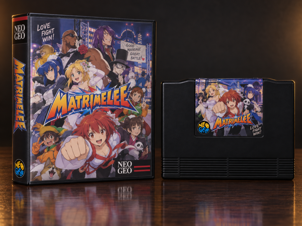 Matrimelee: KI-erstellter Neo-Geo-AES-Packshot mit Verpackung und Modul auf dunkler spiegelnder Fläche