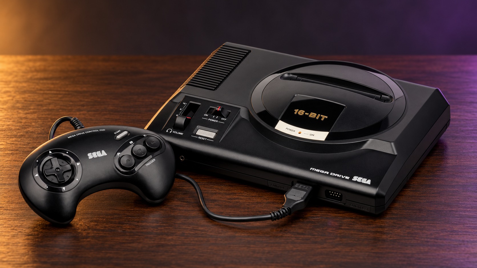 Sega Mega Drive mit passendem Controller auf einem dunklen Holztisch vor dezent beleuchtetem Hintergrund