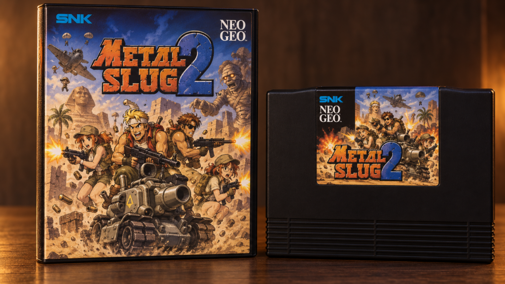Metal Slug 2: Neo-Geo-AES-Verpackung und Modul als KI-gestützte Produktaufnahme