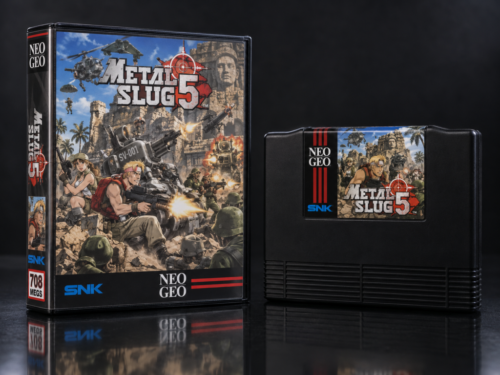 Metal Slug 5: KI-erstellter Neo-Geo-AES-Packshot mit Verpackung und Modul auf dunkler spiegelnder Fläche