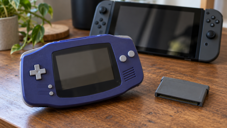 Redaktionelle Szene mit Game Boy Advance, Modul und Switch im Hintergrund