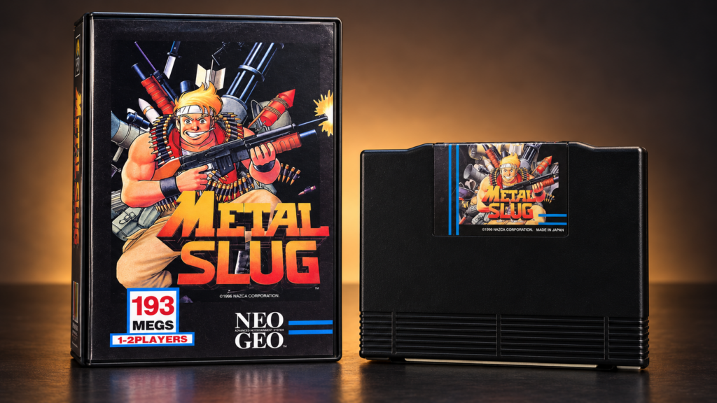 Metal Slug: Neo-Geo-AES-Verpackung und Spielmodul als Produktaufnahme