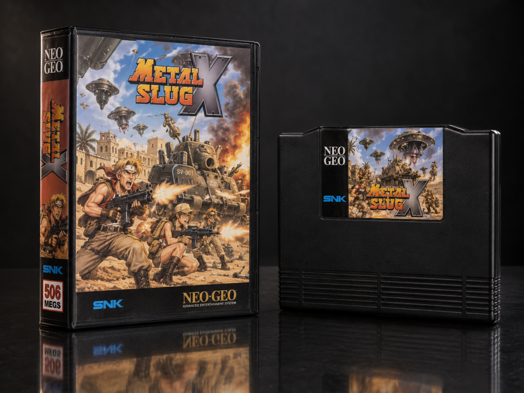 Metal Slug X: KI-erstellter Neo-Geo-AES-Packshot mit Verpackung und Modul auf dunkler spiegelnder Fläche